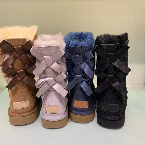 

2020 australia new two bows real cow leather fur snow boots women winter boots warm lady snow us4-13, Black