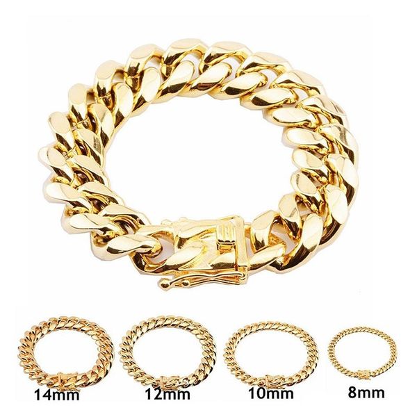 

8mm/10mm/12mm/14mm/16mm/18mm stainless steel bracelets 18k gold plated high polished miami cuban link men punk bracelet chain gift, Black