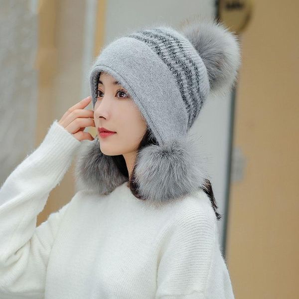 

beanie/skull caps winter women warm beanie hat with fluffy balls fashion street sun skullies hats casual knitted bonnets all match elastic, Blue;gray