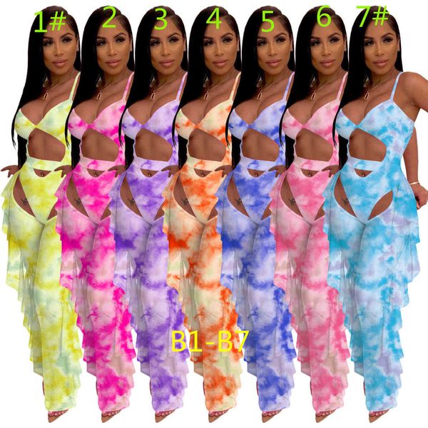 Frauen Tie Dye Druck Bademode Designer Bikini 2 Zwei Stück Badeanzug Sexy Mesh Bandage BH Rüschen Lange Hosen Sommer plus Größe Badeanzüge 2022 Trends