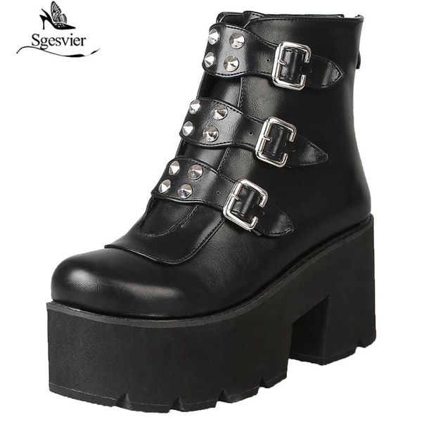 

boots sgesvier autumn winter women platform 2021 fashion zipper black ankle female thick high heel punk size 46 b932