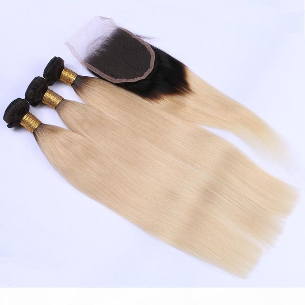 

# 1b 613 blonde ombre бразильский человеческих волос переплетений dark root с closure straight ombre blonde 4x4 lace front закрытия с 3bundl, Black;brown