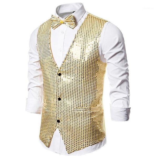 

shiny gold sequin glitter men vest with bowtie slim fit nightclub prom vest waistcoat men stage singer vests gilet homme costume1, Black;white