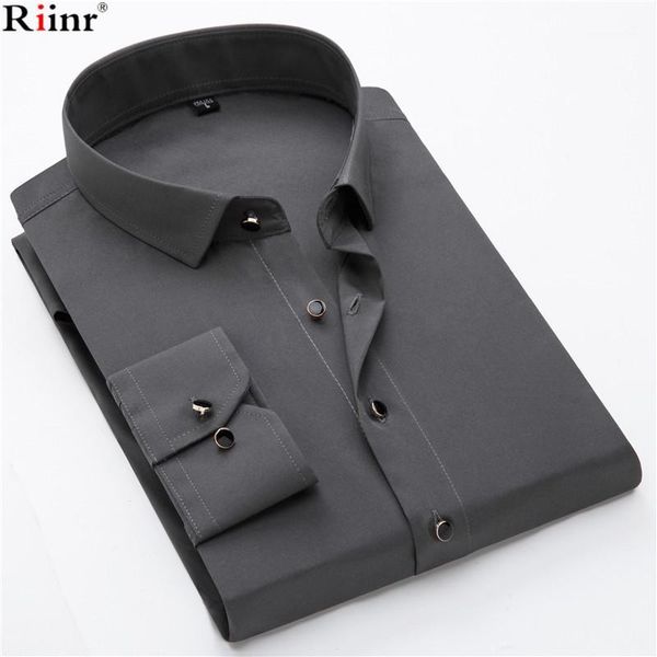 

riinr brand new shirt men black button turn down collar long sleeve business formal solid color comfortable men's dress shirts1, White;black