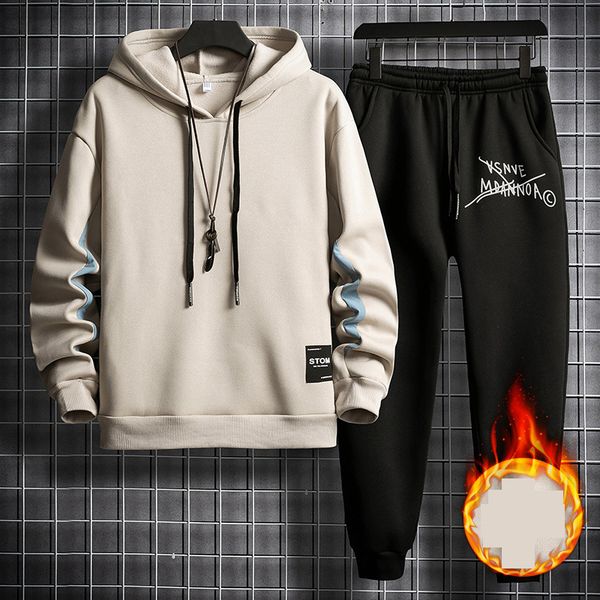 

2021 new men fleece set fashion warm tracksuit linner thick sweatshirt + pants sportswear mens streetwear hooded outerwear suit 8e7e, Black
