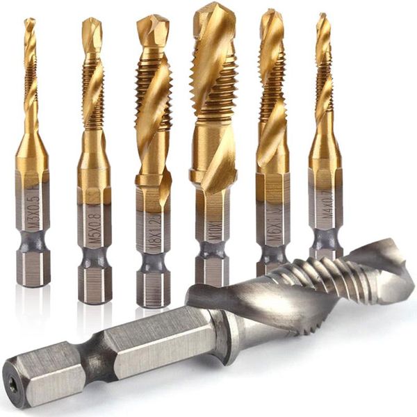 

4341/6542 hss tap die drill bit m3 m4 m5 m6 m8 m10, metric 1/4" hex shank screw thread wood worker tool hole cut spiral tapping