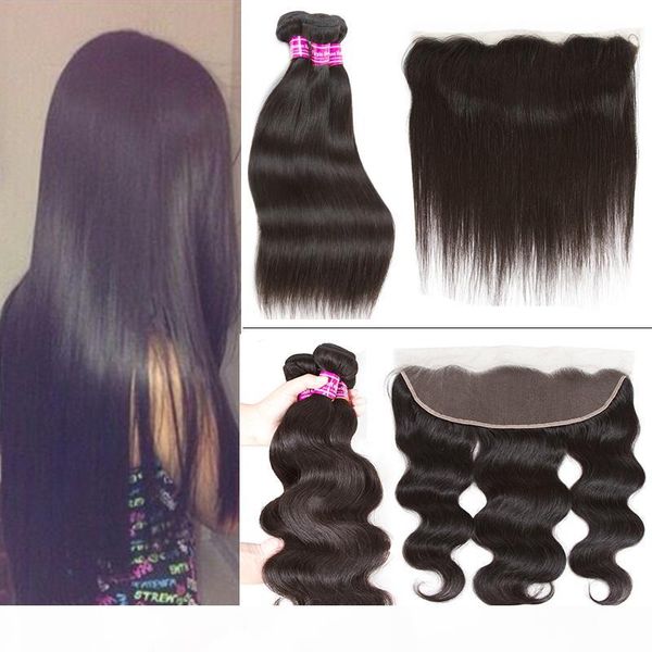 

new peruvian virgin straight hair 3 bundles with lace frontal closure indian brazilian malaysian cambodian body wave human hair weaves, Black;brown