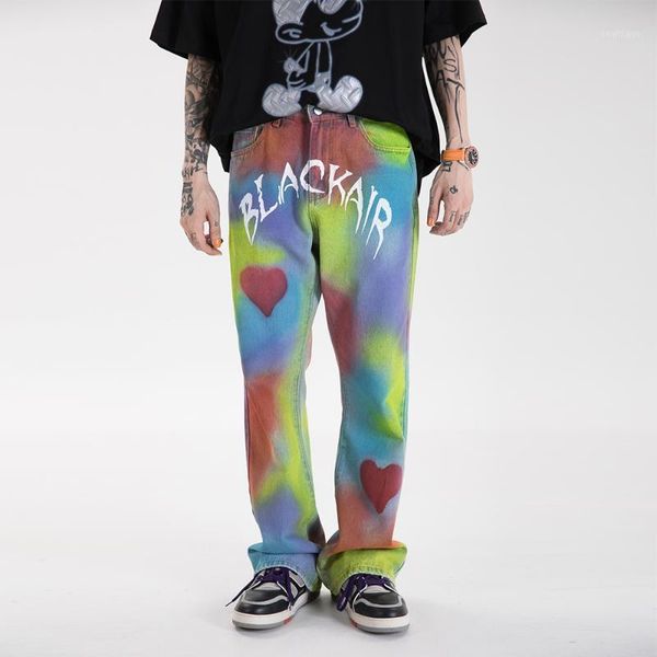 

2021 spring men jeans hiphop paint splashing streetwear retro leisure chic cowboy trousers goth pants z771, Blue