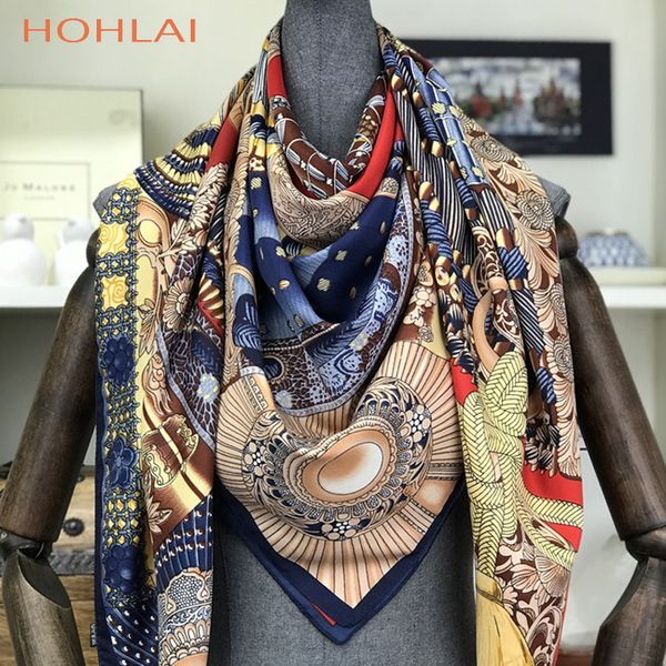 

fashion design square silk scarf women foulard printed bandana ladies shawl hijab elegant headband ring scarves wraps 130*130cm t200407, Blue;gray