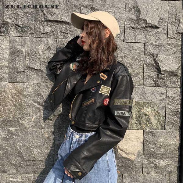 

zurichouse motorcycle leather jacket women high waist short black coat female fashion patch design spring faux leather jackets1