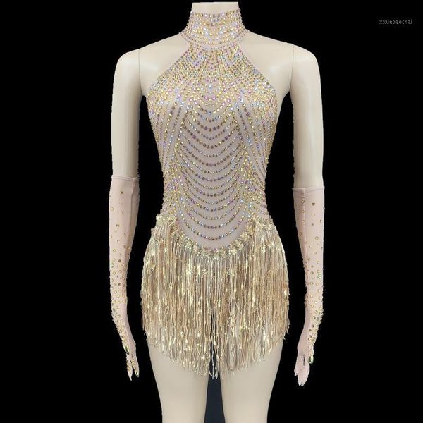 

shining rhinestone fringes dance bodysuit women mesh perspective crystal leotard singer dancer stage wear party outfit1, Black;red