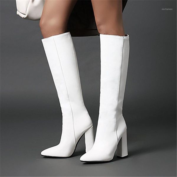 

2021 fashion women knee high boots women zipper long boots ladies pointed toe square heel autumn winter white brown black1, Black