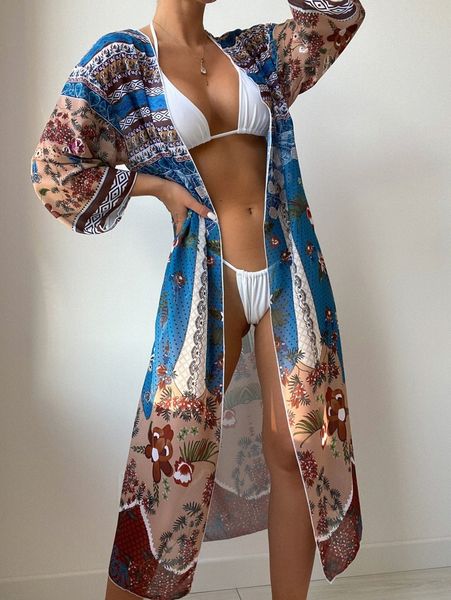 

allover print chiffon kimono r8oe#, White;black