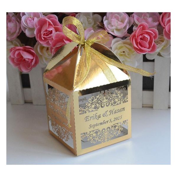 

cone shaped custom metallic gold laser cut wedding favor boxes 0iohl