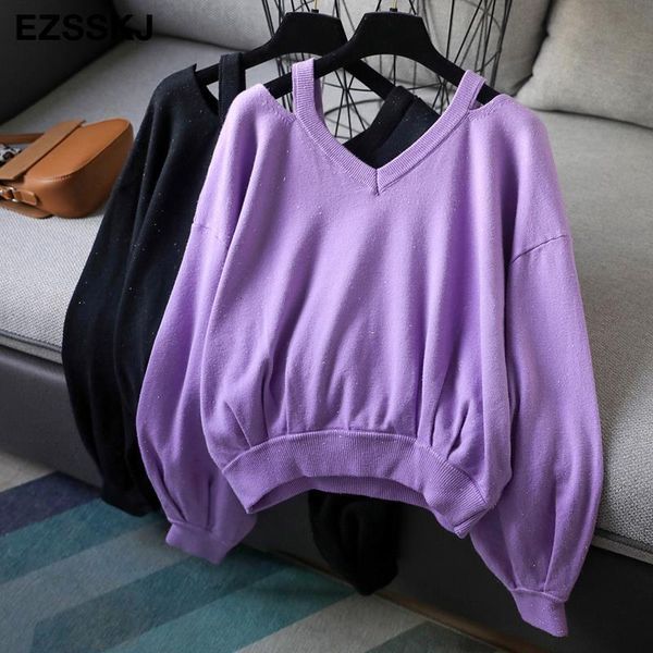 

chic autumn winter oversize crop sweater pullovers women female v neck short sweater puff sleeve 2021 knit jumpers top, White;black