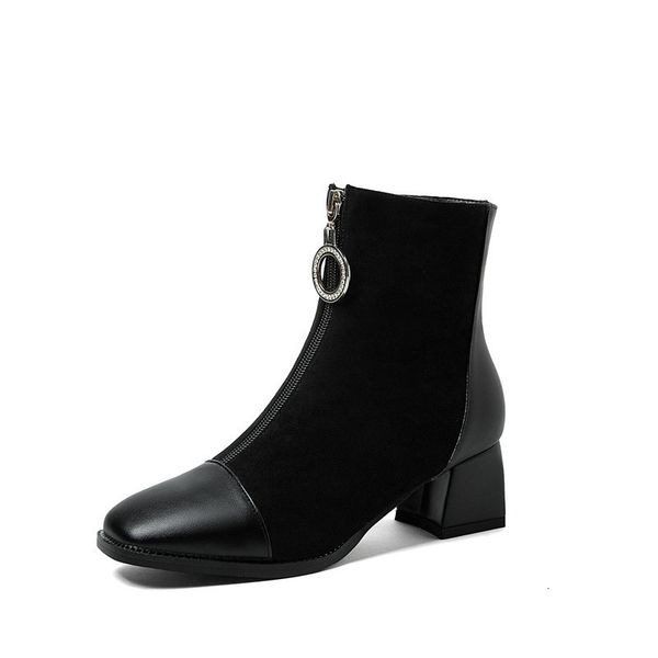 

2021 new ankle autumn winter pu leather round toe women shoes fashion square heel short boots size 34-43 fg9t, Black