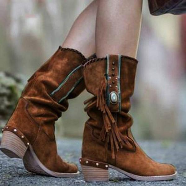 

площадь высоких каблуки 2020 богемских женщины boots мода этнической кисточка поддельной замша mid-semi зимних сапог для женщин, Black