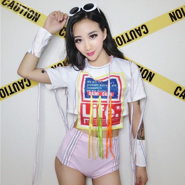 

stage wear tassel t-shirt hip hop dance costume gogo clothes jazz practice street outfits nightclub dj vdb1801, Black;red