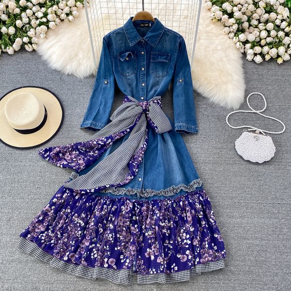 

new vintage solid slim button full lady dress a line polo collar single breasted chiffon mid-calf women dresses 2022, Black;gray