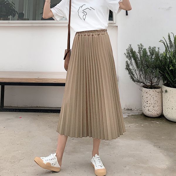 

2021 new pleated women autumn high waist elegant beige long black casual officce skirt mujer plus size bpwo
