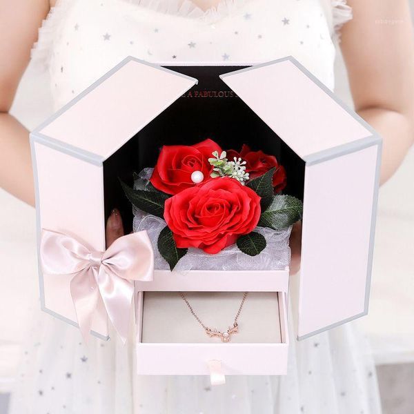 

gift wrap unfade rose flower jewelry box with surprise 100 languages i love you necklace anniversary for mother &girlfriend df1
