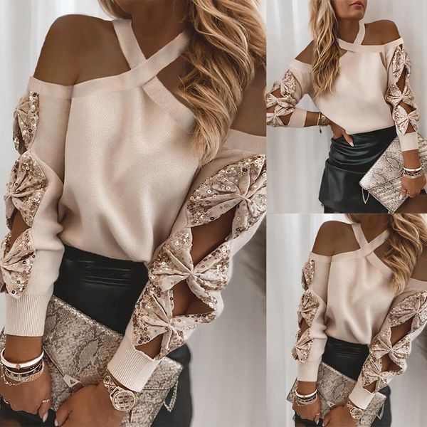 

t-shirts for women 2021 fashion casual long sleeve women's casual fashion strapless hollow butterfly sequin round neck top, White