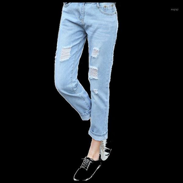 

women's jeans hole ripped women thick cloth ankle length pants cotton denim loose vintage for girl mid waist female1, Blue