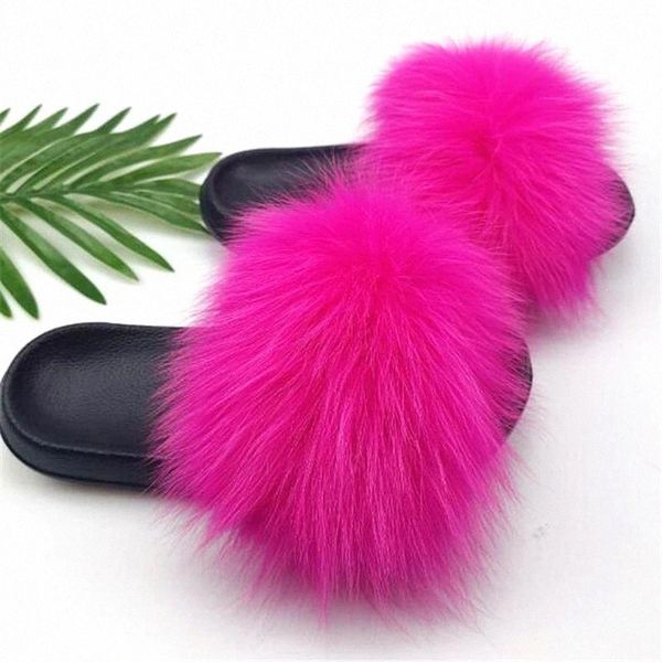 

women's summer raccoon fur slippers kids/children's real fox hair slides ladies fluffy furry sandals female home plush shoes #717c, Black