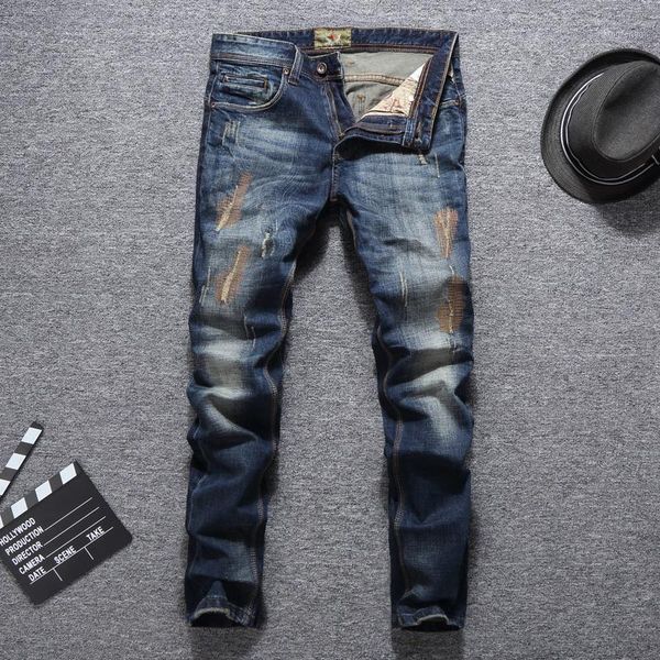 

italian style fashion men jeans slim fit retro blue patchwork ripped jeans men hip hop pants streetwear vintage1