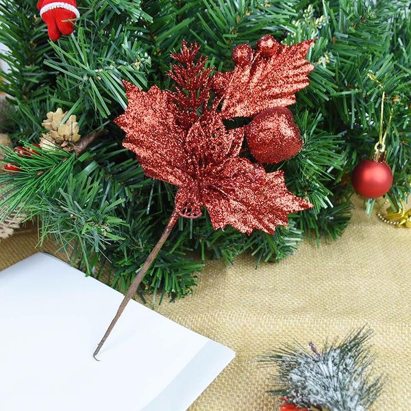 

1шт украшения рождественской елки аксессуары glod silver glitter искусственный цветок поддельные растения листьев xmas партия новый год home