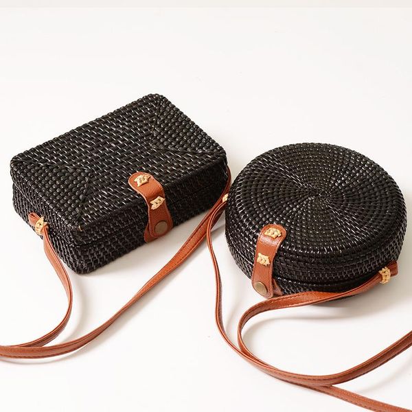 

new hand-wove wicker bag women round/square black retro rattan bag pu hasp straw crossbody female boho beach shoulder