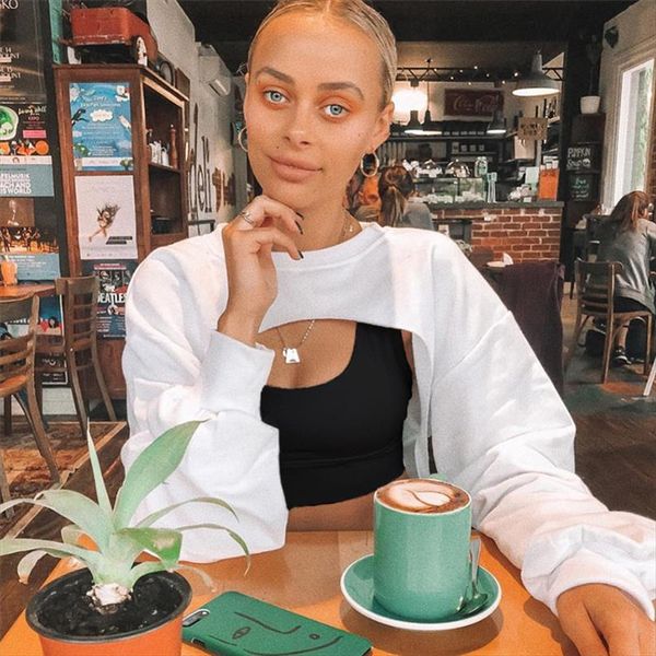 

времена обрезанные streetwear o шеи сыпучие толстовка твердые моды с длинным рукавом толстовка crop top 2020 spring summer asts80301, Black