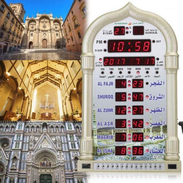 Mesquita islâmica azan calendário muçulmano oração relógio de parede alarme ramadan casa decoração cor aleatório1