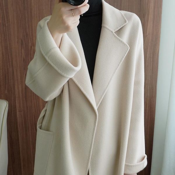 

women's wool & blends sided cashmere overcoat mid long autumn and winter 2021 loose temperament 100% tweed jacket, Black