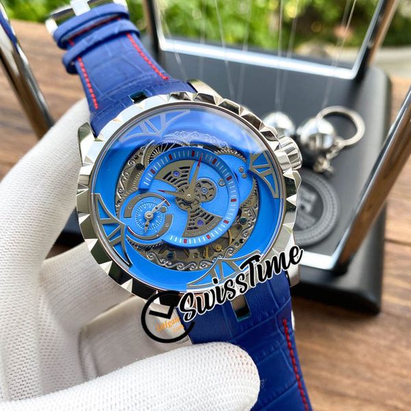 

new excalibur 46mm rddbex0571 automatic mens watch skeleton dial blue inner steel case blue leather strap sport watches swisstime rd-e69, Slivery;brown