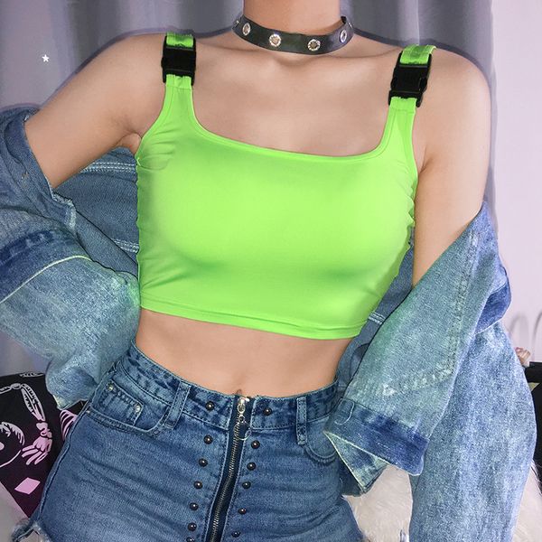 

2021 new female singiny will see fluorescent green square collar no back short solid fashion slingsy2k vest ulan, White