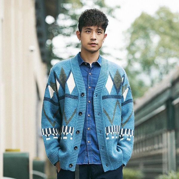 

men's sweaters autumn winter knitted cardigan men's loose diamond jacquard japanese retro sweater coat youth fashion brand korean, White;black