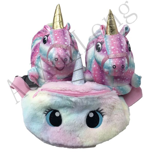 

kids winter warm unicorn home slippers bag set indoor children floor slippers unicorn purse house rainbow shoes women belt bag, Black