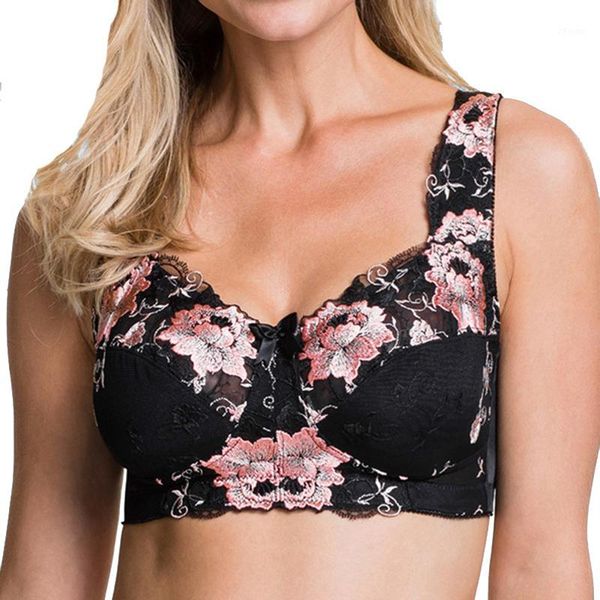

women's plus size full coverage non-padded underiwre lace floral embroidery wireless minimizer bra 34 36 38 40 42 44 46 d dd e f1, Red;black