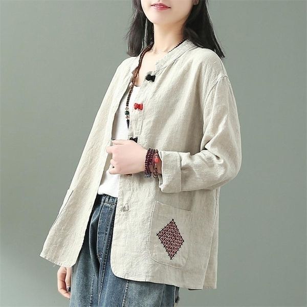 

new arrival spring summer arts style women long sleeve loose casual jackets coats cotton linen embroidery vintage coat s923 201112, Black;brown