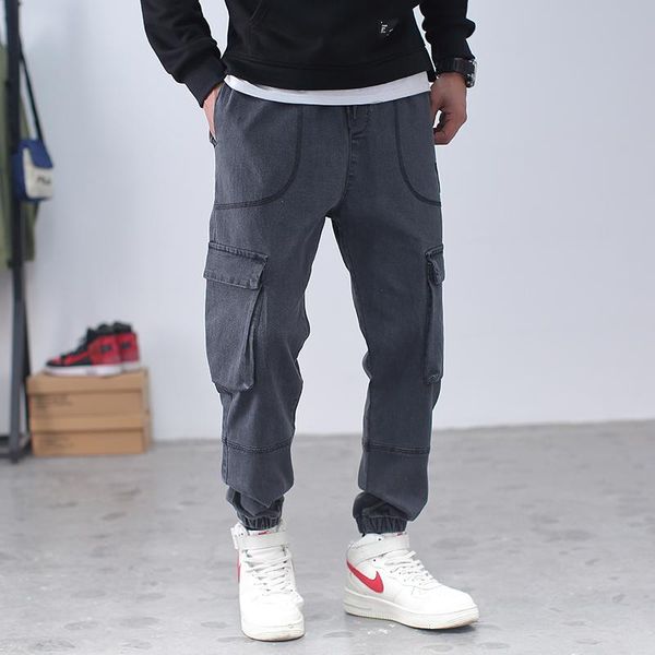 

ankle-length casual men's harem jeans loose jogger jeans multi-pockets denim cargo pants 6xl 7xl 8xl, Blue