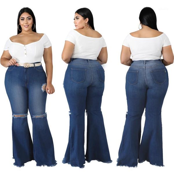 

new fashion solid color knee hole stretch slim slim jeans plus size street retro flared women pants wholesale dropshpping1, Blue