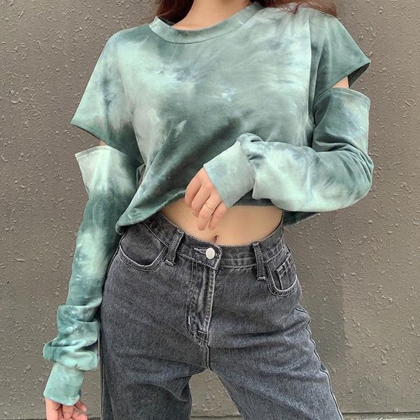 

women cut out long sleeve sweatshirt o-neck tie-dye printed pullover crop harajuku hip hop drawstring hem streetwear, Black
