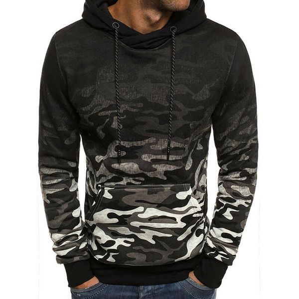 

men winter hoodie hooded sweatshirt coat jacket camouflage slim fit outwear camo printed sweatshirts, Black