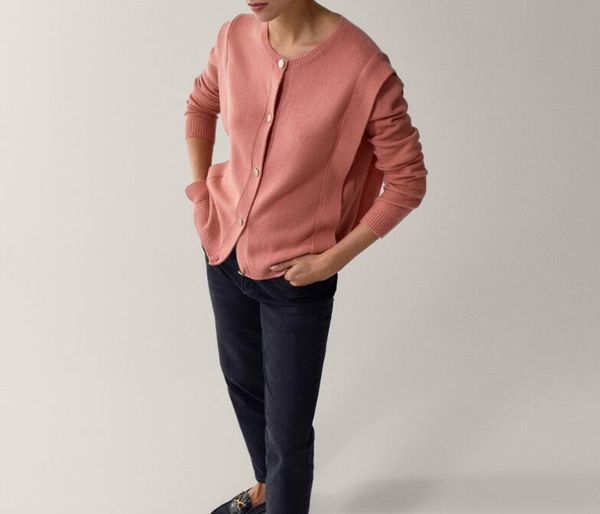 

women sweater 2021 autumn side detail design buttoned cardigan wool sweater, White