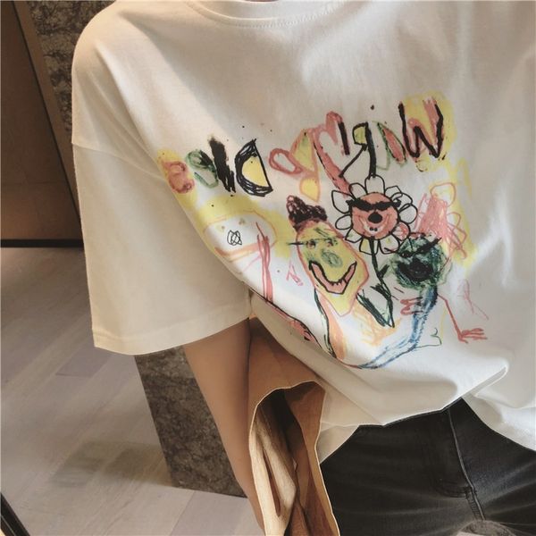 

весна лето 2020 новый littlegraffiti печати с коротким рукавом белый экипаж футболку шеи футболку для женщин f5023 yem6v, White