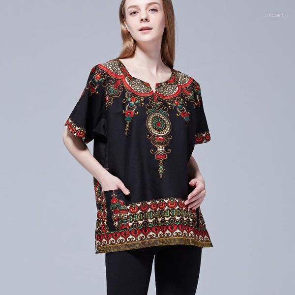 

dashiki women ethnic vintage 70s boho tribal african shirt with print 100% cotton shirt 20201, Red