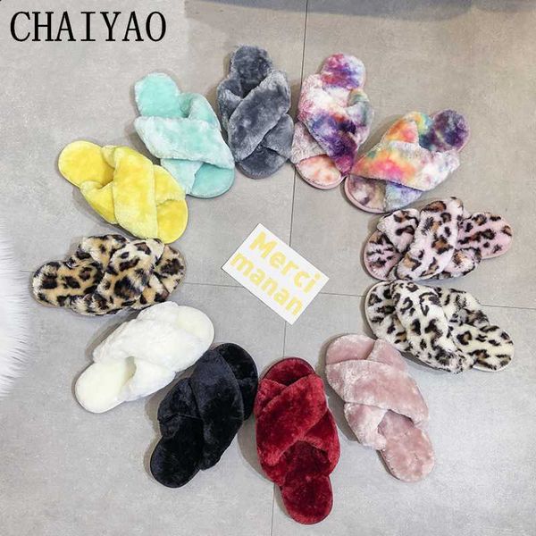 

slippers large size women 2021 autumn winter ladies plush leopard open toe slides indoor keep warm non-slip shoes, Black