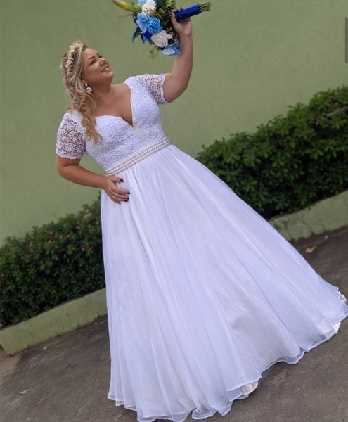 

plus size wedding dress for women short sleeve v neck organza a line bridal gowns with pearls beading robe de mariÃ©e, White