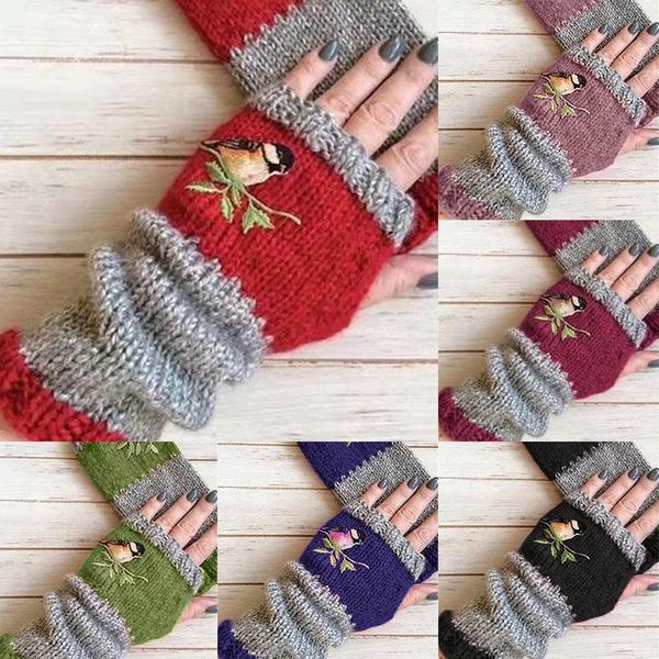 

five fingers gloves birds embroidery women knitted fingerless plus velvet color block splice mittens womens girls rekawiczki damskie, Blue;gray